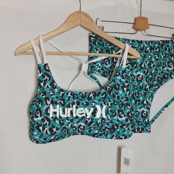 HURLEY Bikini Swimsuit High Waisted Teal Leopard Moderate Coverage 1X Plus New - Picture 2 of 10